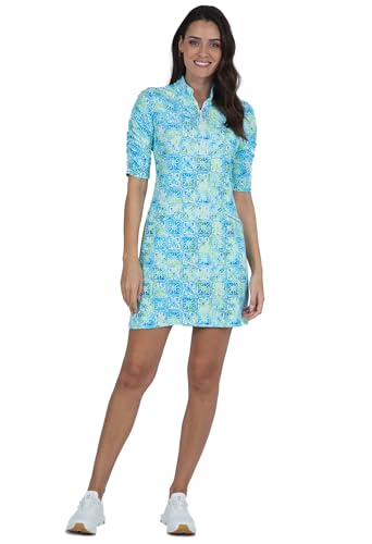 IBKUL Athleisure Wear Sun Protective UPF 50+ Icefil Cooling Kathy Print Ruched Elbow Length Sleeve Dress 40871