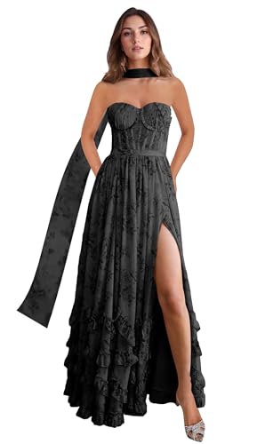 Strapless Bridesmaid Dresses for Women with Scarf Foral Chiffon Pom Dress Ruffle Formal Evening Gowns with Slit