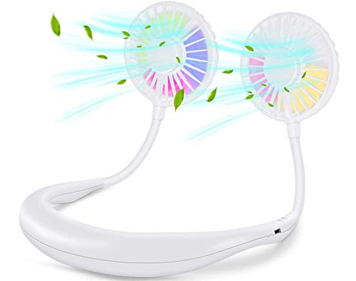 Portable USB Neck Fan,Premium Rechargeable HandsFree Personal Fan Handheld Fan with 3 Speed, 7 Colors LED lights for Men and Women Sports Travel Office Camping(White)