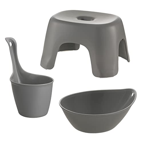 リッチェル ハユール 日本製 バス用品3点セット グレー【ザッカLab.オリジナルセット】風呂椅子20cm+湯おけ+手おけ |風呂桶 洗面器 湯桶 手桶 抗菌 高さ20cm バスチェア 風呂イス バススツール 浴用品