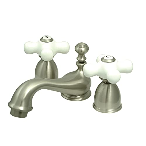 Kingston Brass KS3958PX Restoration Mini Widespread Lavatory Faucet with Porcelain Cross Handle, Satin Nickel, 4-Inch Adjustable Center by Kingston Brass - Used condition - US$56.32