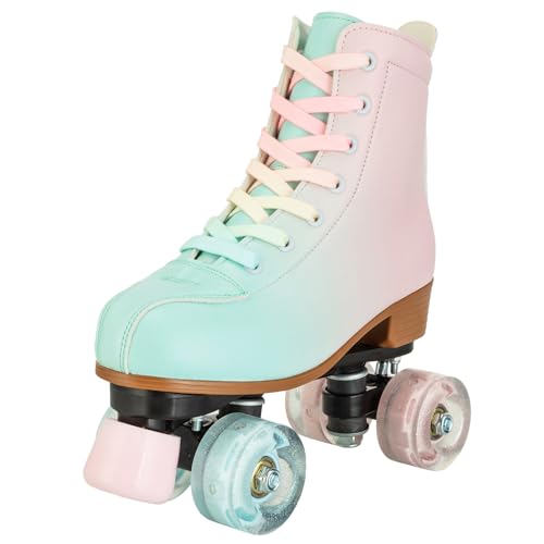 Image of Roller Skates for Girls and Women, Cozy PU Leather Gradient Color Skates with Flash Wheels, Indoor Outdoor Skates for Beginner