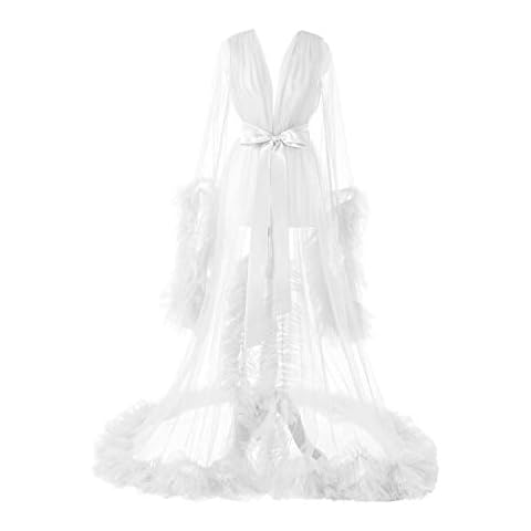 FangJian Sexy White Wedding Robe Tulle Bathrobe Sheer Cover up Long Lingerie Pregnant Nightgown Kimono Party Sleepwear Cover