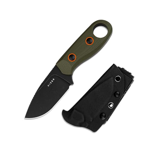 Kizer Beaver Fixed Blade Knife with Sheath, 2.75' D2 Blade EDC Camping Fixed Blade Knife with Olive Green G10 Handle, Small Bushcraft Survival Knives, Outdoor Hunting Knives for Men Women, 1078A1
