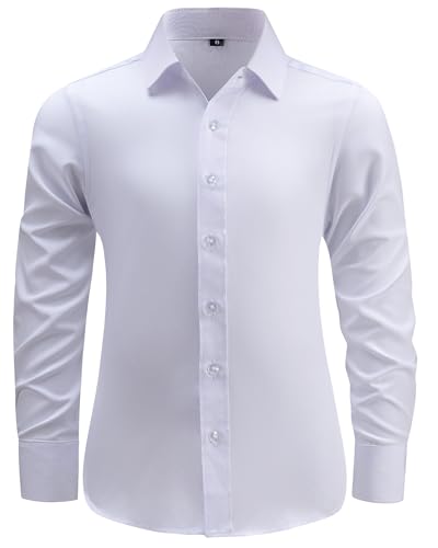 BlissBuggy Boys Dress Shirt Wrinkle-Free Stretch Button Down Shirt Kids Long Sleeve Formal Button Up Shirt White
