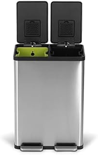 SIMPLI-MAGIC 60 Liter / 16 Gallon Rectangular Hands-Free Dual Compartment Recycling Kitchen Step Trash Can with Soft-Close Lid, Brushed Stainless Steel