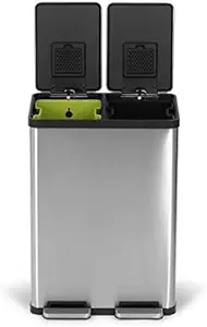 SIMPLI-MAGIC 60 Liter / 16 Gallon Rectangular Hands-Free Dual Compartment Recycling Kitchen Step Trash Can with Soft-Close Lid, Brushed Stainless Steel
