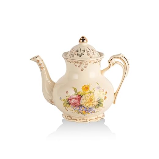Flowering Shrubs Image Ivory Ceramic Tea Pot,Floral Vintage Teapot,29oz