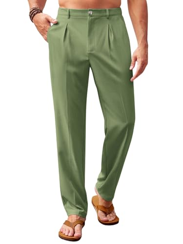 Image of Runcati Mens Casual Pants Elastic Waist Lightweight Loose Pleated Slacks | Summer Beach, Yoga Trousers, Button Closure, Straight Leg, With Pockets, Solid Color