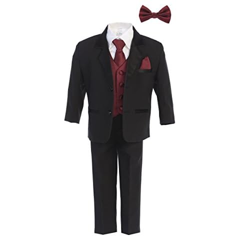 Little Gents Boys Tuxedo Suit Black with Burgundy Vest - Toddler Tuxedo for Wedding and Communion - Modern Fit (Size 2t) Cover