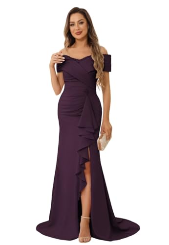 Women's Off Shoulder Long Mother of The Bride Dresses Long Satin Ruched Evening Formal Dress with Slit PU173