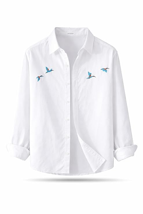 Image of Men's Cotton Blend Casual Wear with Bird Embroidery | Regular Fit Full Sleeve Button Down | Lightweight Summer Style for Daily, Office & Party