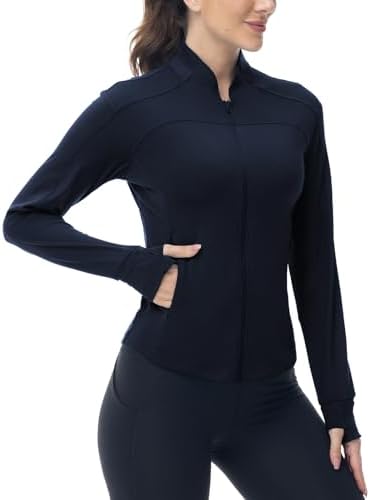 BGOWATU Women's Workout Running Jacket Lightweight Zip up Athletic Jackets Gym Yoga Tops with Zip Pockets Navy M - 1