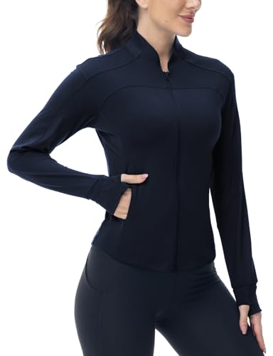 BGOWATU Women's Workout Running Jacket Lightweight Zip up Athletic Jackets Gym Yoga Tops with Zip Pockets Navy M