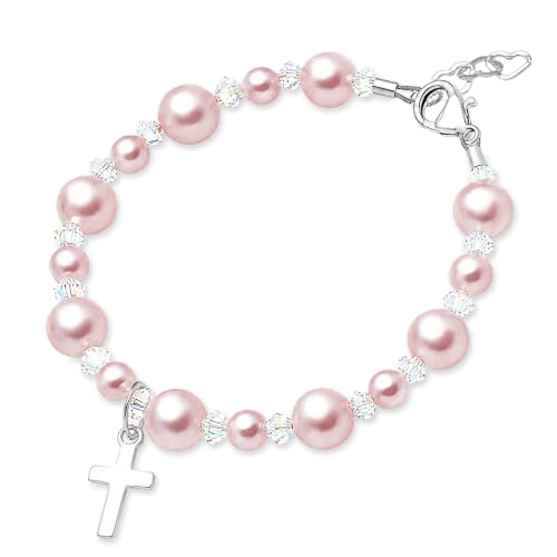 Image of Baby Crystals Pink Pearl Personalized Charm Bracelet for Girls, Sterling Silver Initial Charm Cross Charm Bracelet, Baptism Gifts for Girl, First Communion Christening, Keepsake Girls Jewelry