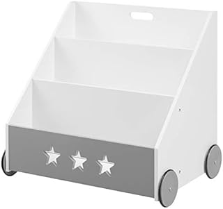 WOLTU Children's Bookcase with Wheels, 3 Tier Kids Storage Bookshelf Wooden Toy Organizer, Multipurpose Storage Display Rack for Children's Room, White and Grey, KR003-UK
