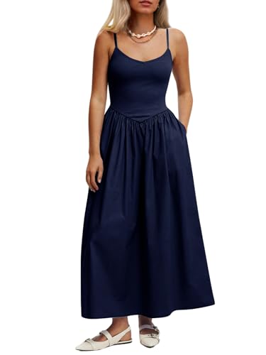 Women’s Sleeveless V-Neck Maxi Dress with Pockets – Slim Fit Casual Summer Spaghetti Strap Dress for Vacation
