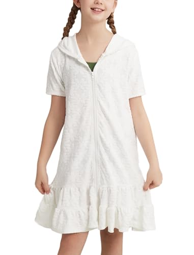 Weixinbuy Girls Swim Cover Up Kids Swimsuit Terry Zip Up Swimwear Hoodie Dress Wraps Beach Bathing Suit 3-4T White
