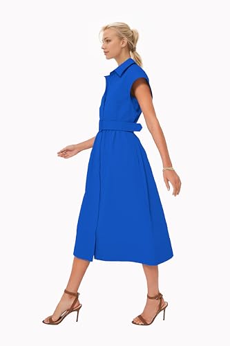 Womens Turn Down Collar Shirt Dress Short Wing Sleeve Button Down Dress Trench Coat Formal Elegant with Belt4