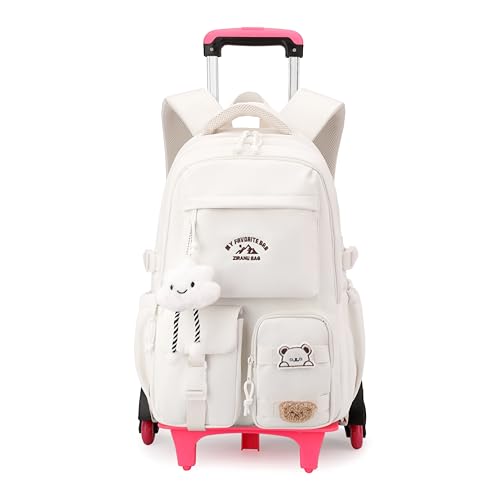 NIWEIYA Girls Boys Rolling Backpack with Wheels, Girls Backpack with Wheels for School, Kids Carry-on Luggage Wheeled School Bag Roller Trolley Bookbag, White