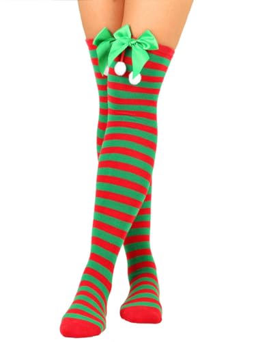 Image of Christmas Party Over Knee Socks Thigh High Stockings Leg Bow Hairball Thigh High Long Stockings for Women and Girls