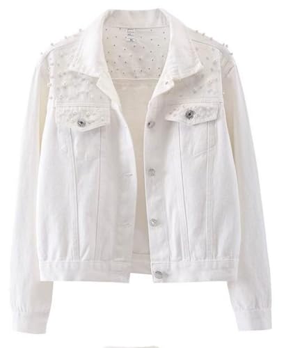 Womens Solid Color Long Sleeve Denim Jacket Pearls Beading Jean Jacket Coat