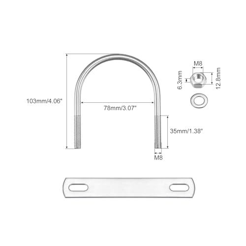 Image of uxcell Round U-Bolts, 2 Sets 78mm(3.07 inch) Inner Width 103mm Length M8 304 Stainless Steel U Clamp Bolt with Nuts Washers and Plates, for Boat Trailer