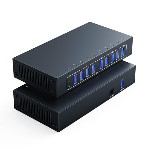 Image of 10 Port Powered USB 3.0 Hub, Industrial Rack Mountable USB Data Hub with 12V /3A Adapter 105W Output ESD Protection, Rugged Metal Case USB Expander Splitter