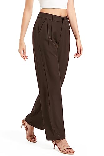 Women's Casual Straight Trousers High Waisted Button Work Office Dress Pants with Pockets (Brown,Small Short)4