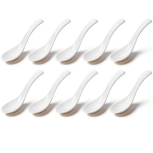 Vastsea 10 Pièces Cuillère à soupe asiatique, Cuillère à ramen blanche, Cuillère asiatique en mélamine, pour bols de riz, ramen, apéritifs, desserts.(Blanc)