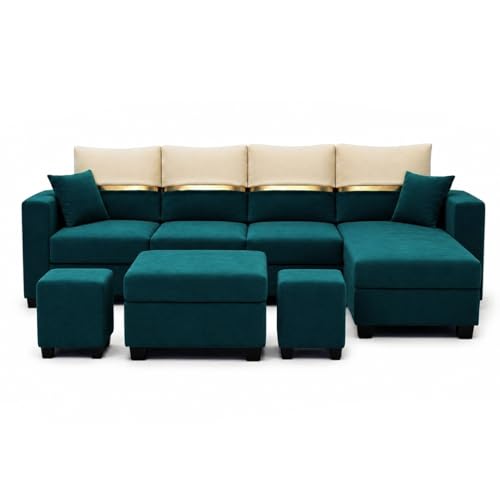 Image of Furny Arvea 8 Seater Fabric RHS L Shape Sofa Set with 1 Centre Table & 2 Puffy (Greenish Teal) | Soft Velvet Fabric | Modern Design | Comfortable Seating | Living Room Furniture
