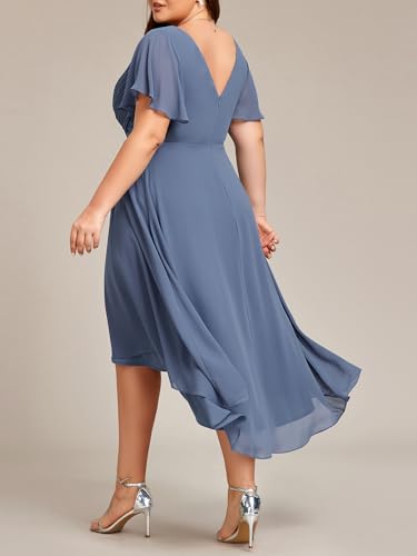Image of Ever-Pretty Plus Summer Short Sleeves V-Neck Formal Wedding Guest Dresses for Curvy Women Chiffon Midi Cocktail Party Dress