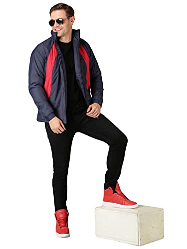 Image of VROJASS Men VROJASS Jackets for Men Stylish Puffer Winter Jacket For Men Standard Length Jacket Man Full Sleeves Bomber Jackets for Man Navy With Red Solid Jacket