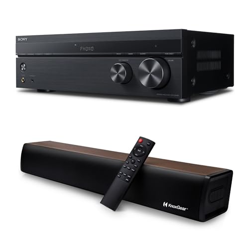 Sony 2 Channel Stereo Receiver with Phono Inputs and Bluetooth Connectivity Bundle with Knox Gear 60-Watt Compact Wireless 2.0-Channel Soundbar with Bluetooth 5.0 (Oak) (2 Items)
