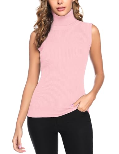 Totatuit Camiseta sin Mangas Mujer Jersey Mujer de Cuello Alto Elegante Turtleneck Tops Casual Ligero Frío Hombro Camisa Básica Interior Suave para Primavera Otoño Invierno Rosado S