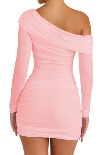 LCNBA Women's Sexy One Shoulder Mesh Long Sleeve Ruched Bodycon Club Party Mini Dress4
