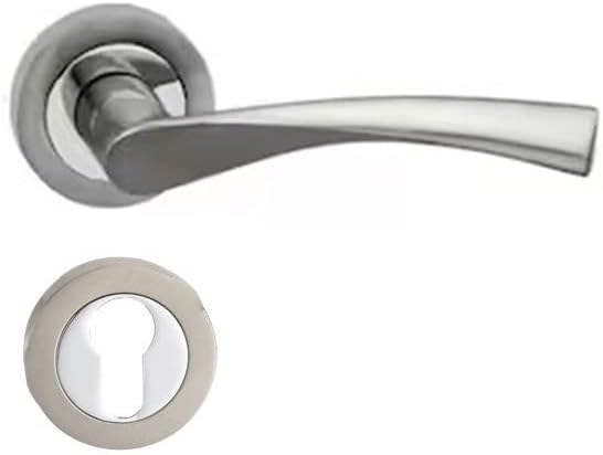 Romax Lever Handle on Rose with Euro Profile Escutcheon Dual Toned, Satin Nickel, Chrome Finish, Door Handle, Twisted Lever Handle, Used for All Types Of Commercial, Office, Home Doors, etc. 1 set
