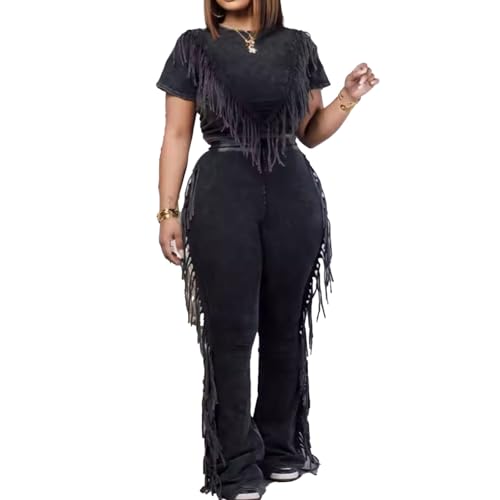Womens Fringe 2 Piece Lounge Outfits Short Sleeve Crop Top Flare Pants Workout Sets Casual Sweatsuit