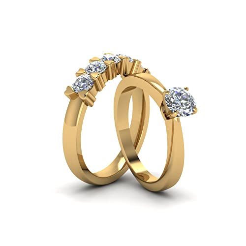 Image of Choose Your Gemstone Round Cut Solitaire Ring 5 Stone Band Yellow Gold Plated Round Shape Wedding Ring Sets Everyday Jewelry Wedding Jewelry Handmade Gifts for Wife US Size 4 to 12