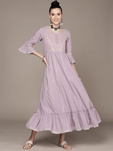 Image of anubhutee Women's Maxi Cotton Lavender Mirror Work Embroidered A-Line Indo Western Dress