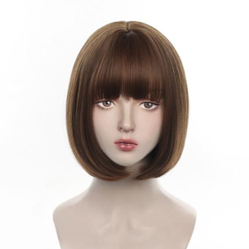 SCORRO ショートボブウィッグ、ピンクストレートウィッグ、黒、ブラウン、シルバーグレーのデイリーウィッグ(前髪付き)、かわいいロリータパーティーウィッグコスプレウィッグ + ウィッグネットキャップ (はちみつ 茶色)