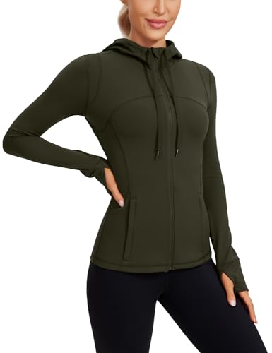 CRZ YOGA Butterluxe Hooded Athletic Jackets for Women - Full Zip Track Casual Tops with Thumb Holes Pockets Olive Green Large