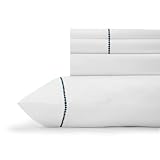 Linen Home 100% Cotton Percale Marrow Stitch Hem Sheet Set Queen Size, Dark Blue, 4 Piece Hotel-Style Tailored Deep Pocket Bedding, Crisp Cool All-Season Breathable Sheets, Long-Staple Combed Cotton