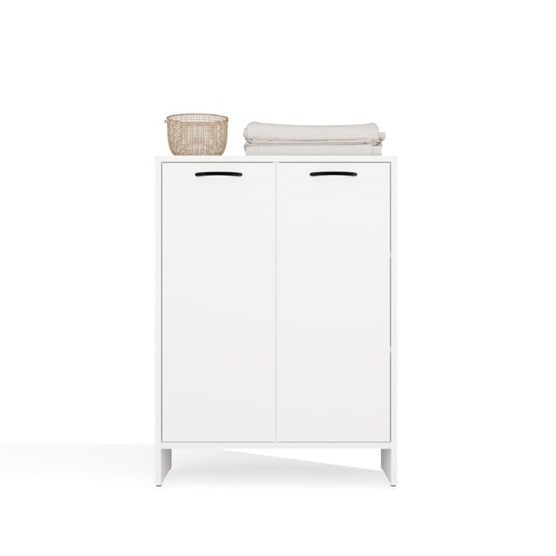 CDF Armario de baño Cesta para Ropa Sucia, Mueble de baño de pie con Compartimentos para cosméticos y Toallas, Armario Estrecho con Cesta Interior para lavandería, Organizador para baño, Blanco