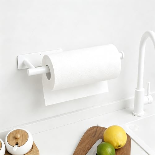 Image of White Paper Towel Holder, Self Adhesive Paper Towel Roll Holder Under Cabinet, Stainless Steel Wall Mount Towel Paper Holder for Kitchen, Bathroom, RV