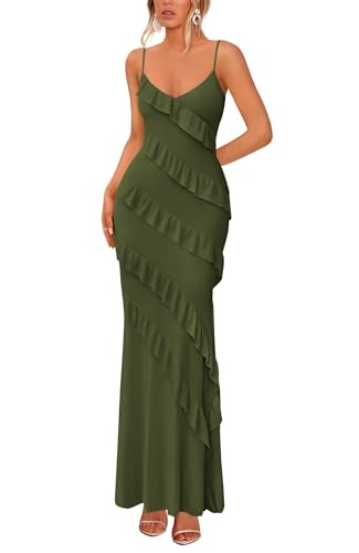 BTFBM Summer Dresses for Women 2026 Spaghetti Strap Bodcyon Solid Cocktail Wedding Guest Dress Summer Fashion Clothing (Army Green,X-Large)