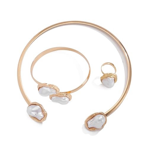 3 Pcs Metal Big Pearl Open Choker Necklace Bracelet Rings for Women Adjustable Gold Baroque Pearl Choker Necklaces Round Necklace Suitable for Party ummer Beach Bead Body Chain Jewelry