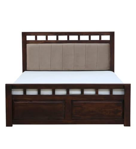Image of EXCEL International Matrix Solid Sheesham Wood Queen Size Bed Without Storage | Wooden Double Bed with Velvet Upholstery Cushioned Headboard for Bedroom | Rosewood, Provincial Teak