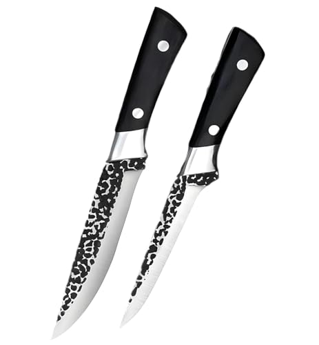 Hand Forged Stainless Steel Japanese Slicing Knife Boning Fillet Knife Butcher Knife Deboning Knife for Meat with Abs Handle (Set of 2), Black