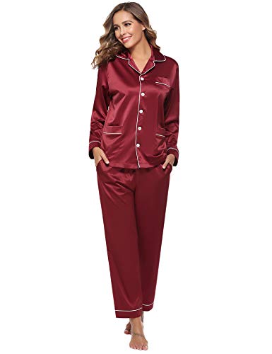 Aibrou Women's Satin Pajamas Set Long Sleeve and Long Button-Down Sleepwear Loungewear Red